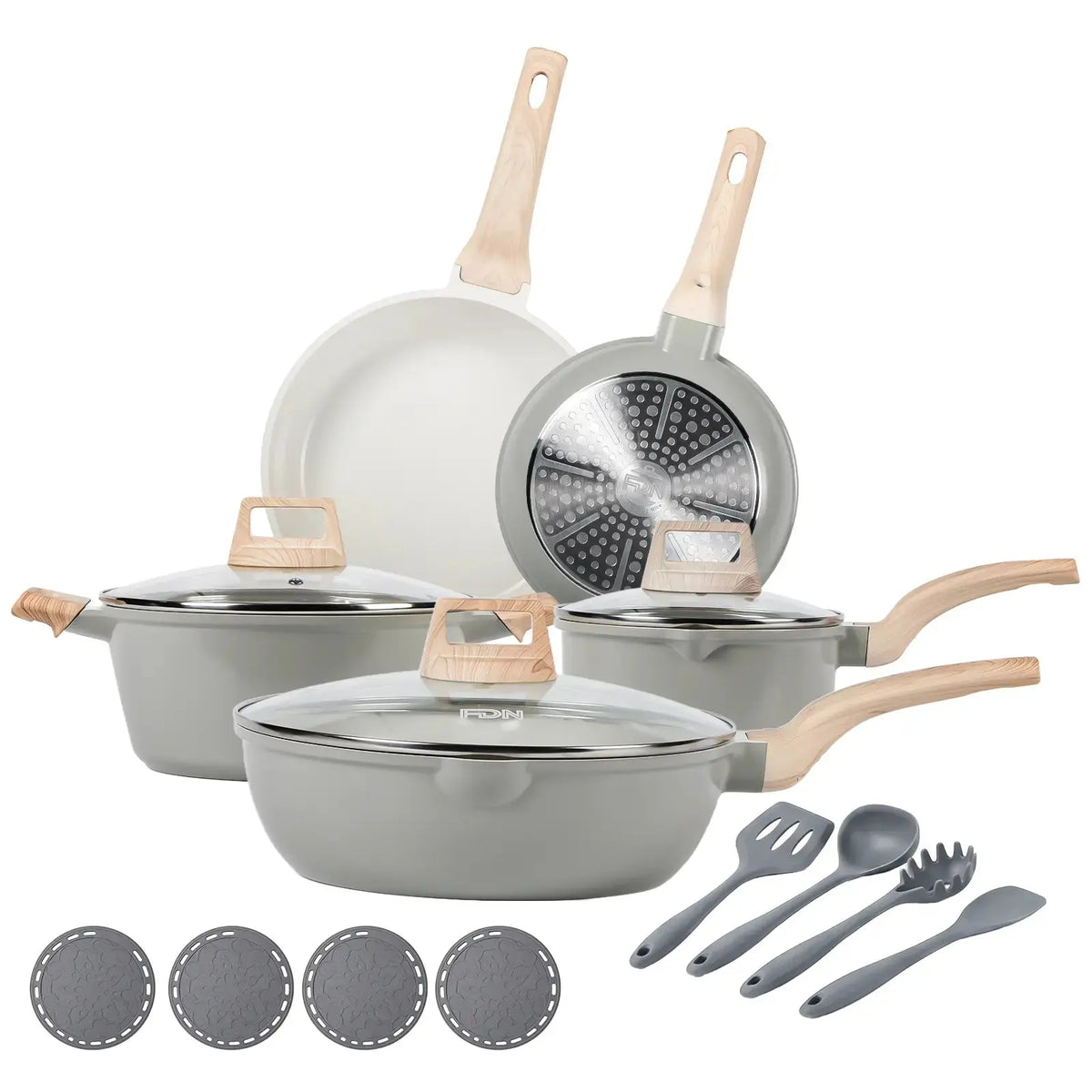 [ New ]FDN 16-Pc Aesthetic Cookware Collection, Non-Toxic Pfas-Free Titanium Caremic Granite Pots and Pans Set, Easy-Clean Oven & Dishwasher Safe, Induction Ready Cooking Set with 10" (24Cm) Fry Pan, Glass Lids, Kitchen Utensils, Aluminium, Deals for You