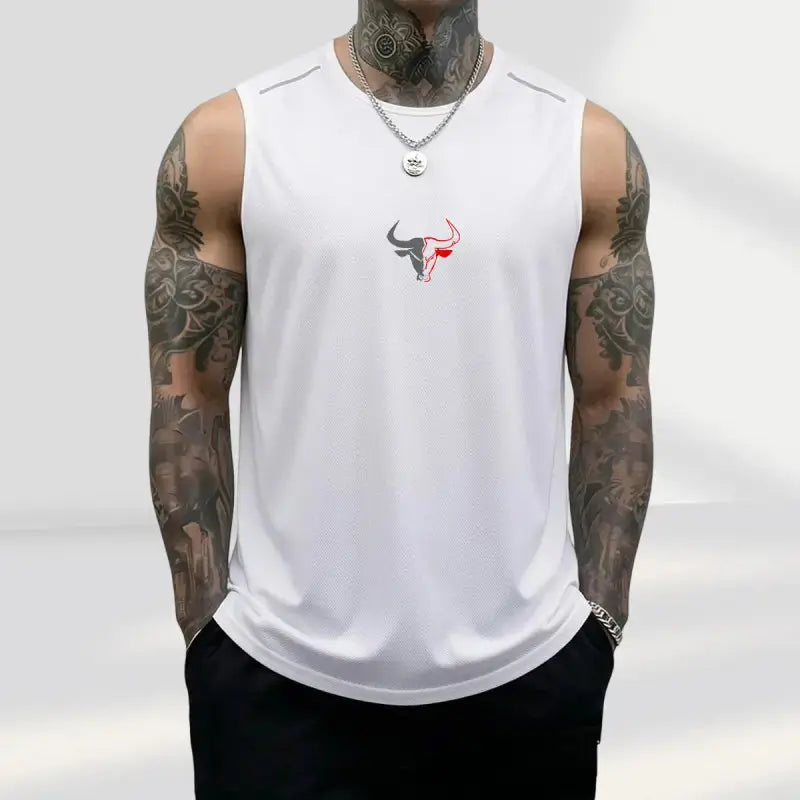 Men'S 3-Pack Bull Print Sleeveless Polyester Vests, Breathable Fitness Exercise Wear Active Top for Summer Gym Bodybuilding, Male Clothing (Black+Light Gray+Red)