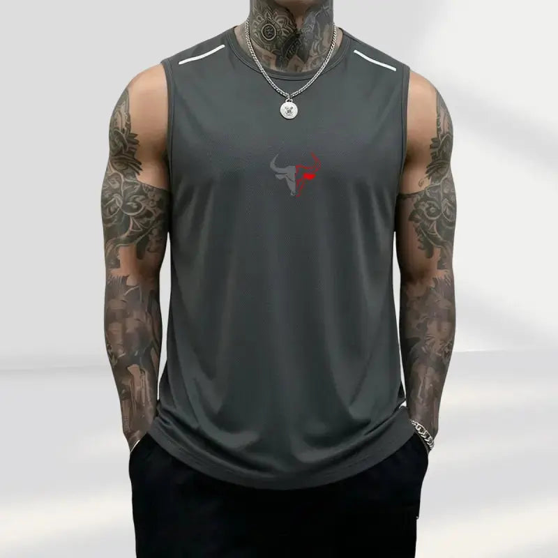 Men'S 3-Pack Bull Print Sleeveless Polyester Vests, Breathable Fitness Exercise Wear Active Top for Summer Gym Bodybuilding, Male Clothing (Black+Light Gray+Red)