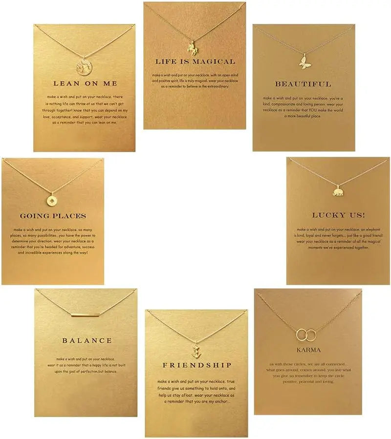 8Pack Friendship Unicorn Necklace Set Good Luck Elephant Pendant Chain Necklace with Message Card Party Favors Birthday Gifts for Women (Gold)