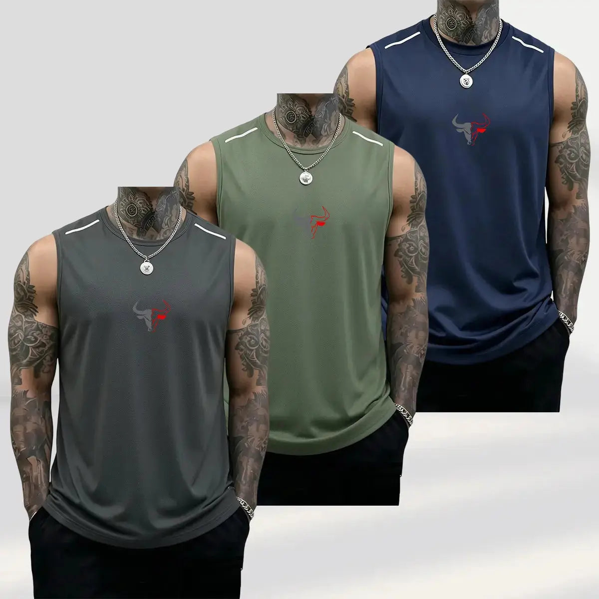Men'S 3-Pack Bull Print Sleeveless Polyester Vests, Breathable Fitness Exercise Wear Active Top for Summer Gym Bodybuilding, Male Clothing (Black+Light Gray+Red)
