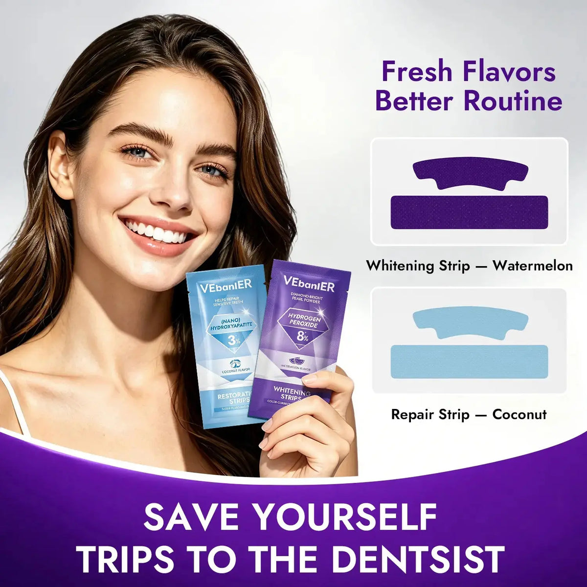 Vebanier Dual-Action Purple Gel Teeth Brightener Strips Kit - 4 Whitening Pairs + 4 Enamel Repair Pairs, 8% Hydrogen Peroxide, Nano-Hydroxyapatite, Gentle for Sensitive Teeth