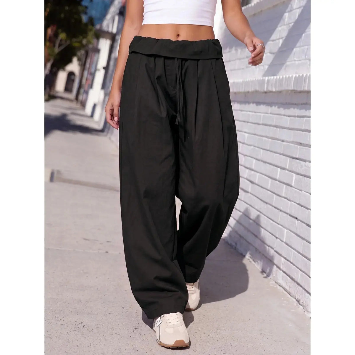 Aoysky Women'S Adjustable Soft Basic Fold-Over Wide-Leg Cargo Pants - Polyester Blend Diagonal Twill, Loose-Fit, Drawstring Waist, Machine Wash Safe, Oversized Overall Bottoms