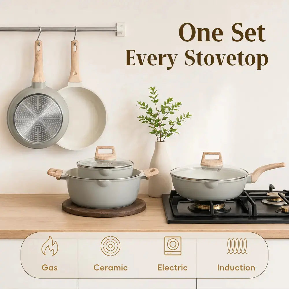 [ New ]FDN 16-Pc Aesthetic Cookware Collection, Non-Toxic Pfas-Free Titanium Caremic Granite Pots and Pans Set, Easy-Clean Oven & Dishwasher Safe, Induction Ready Cooking Set with 10" (24Cm) Fry Pan, Glass Lids, Kitchen Utensils, Aluminium, Deals for You