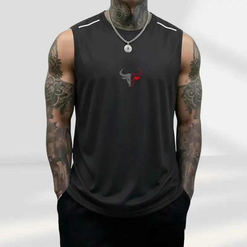 Men'S 3-Pack Bull Print Sleeveless Polyester Vests, Breathable Fitness Exercise Wear Active Top for Summer Gym Bodybuilding, Male Clothing (Black+Light Gray+Red)