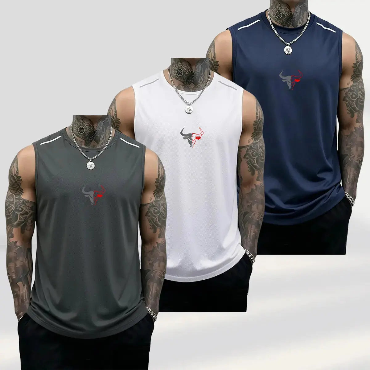 Men'S 3-Pack Bull Print Sleeveless Polyester Vests, Breathable Fitness Exercise Wear Active Top for Summer Gym Bodybuilding, Male Clothing (Black+Light Gray+Red)