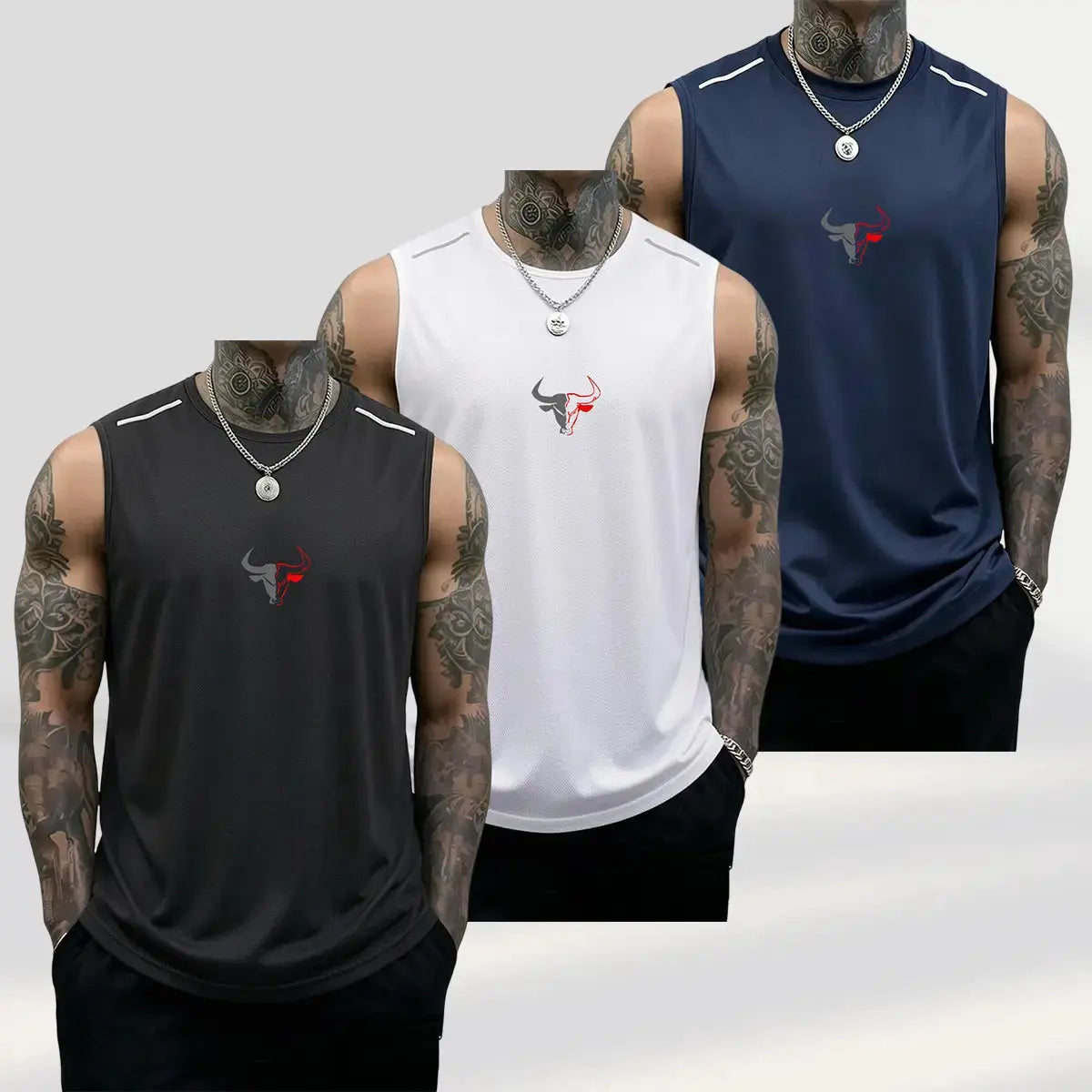 Men'S 3-Pack Bull Print Sleeveless Polyester Vests, Breathable Fitness Exercise Wear Active Top for Summer Gym Bodybuilding, Male Clothing (Black+Light Gray+Red)