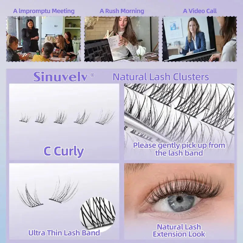 Self Adhesive Natural Lash Cluster Eyelash Extensions - 8-16MM 0.05MM C-Curly Cosmetic Lashes, No Glue Needed Convenient Design for Beginners' Daily DIY Makeup