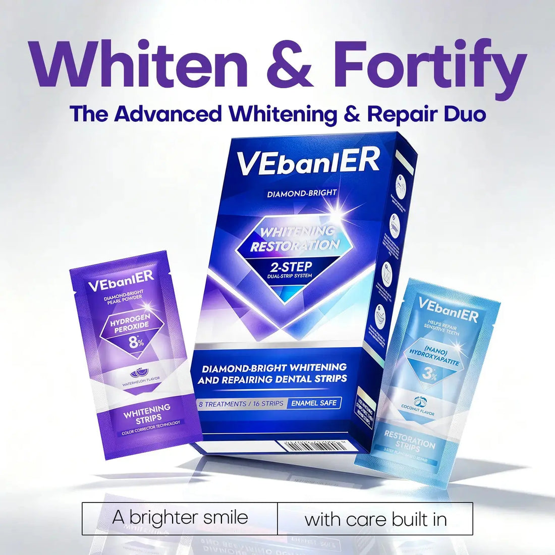 Vebanier Dual-Action Purple Gel Teeth Brightener Strips Kit - 4 Whitening Pairs + 4 Enamel Repair Pairs, 8% Hydrogen Peroxide, Nano-Hydroxyapatite, Gentle for Sensitive Teeth