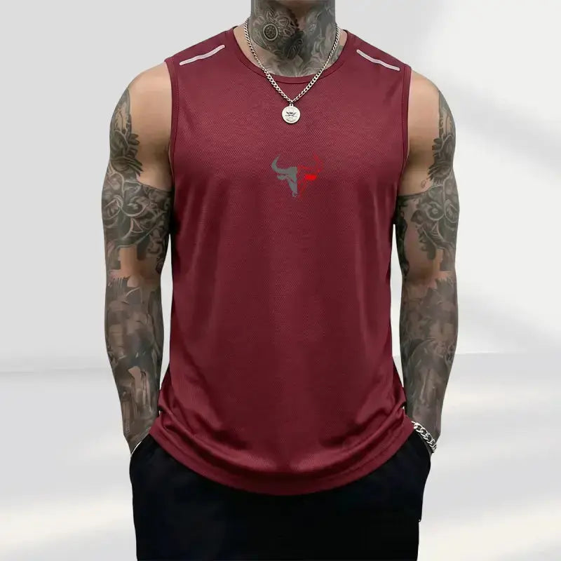 Men'S 3-Pack Bull Print Sleeveless Polyester Vests, Breathable Fitness Exercise Wear Active Top for Summer Gym Bodybuilding, Male Clothing (Black+Light Gray+Red)