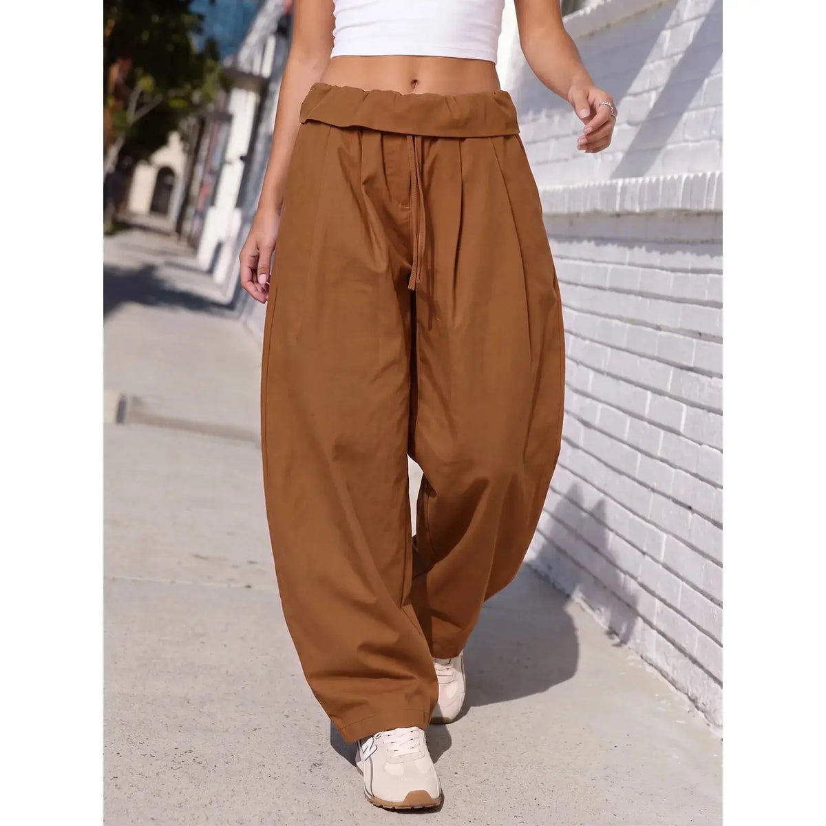 Aoysky Women'S Adjustable Soft Basic Fold-Over Wide-Leg Cargo Pants - Polyester Blend Diagonal Twill, Loose-Fit, Drawstring Waist, Machine Wash Safe, Oversized Overall Bottoms