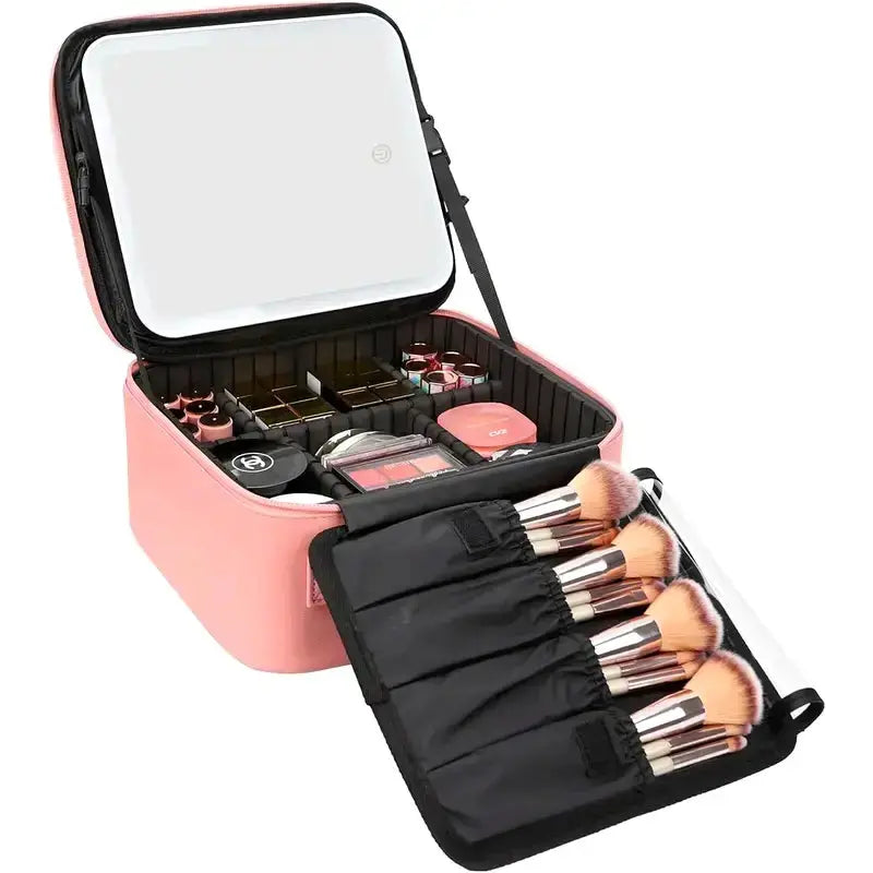 Makeup Case with LED Mirror, Travel Makeup Organizer with Adjustable Dividers & Brush Holder, PU Leather Portable Vanity Makeup Bag, 3 Color Lighting Modes, Adjustable Brightness, Christmas Gift for Women, Friends & Family
