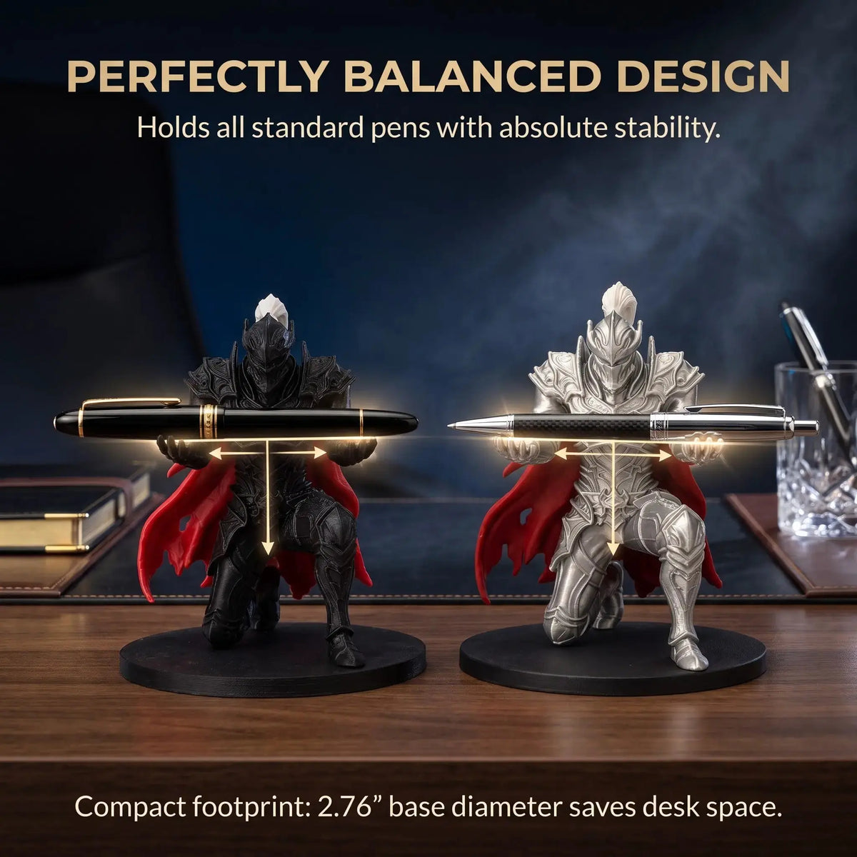 Armored Knight Pen Holder Stand, 3D Printed Desktop Accessories with Fixed Pose Open Hands, Red Cape & 2.76-In round Base, Single Pen Display for Office & Study Desk Organizer, 8.3Cm