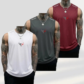 Men'S 3-Pack Bull Print Sleeveless Polyester Vests, Breathable Fitness Exercise Wear Active Top for Summer Gym Bodybuilding, Male Clothing (Black+Light Gray+Red)