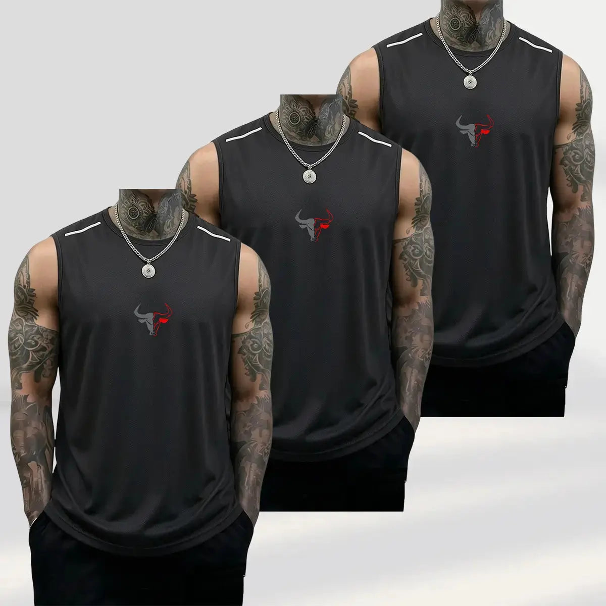 Men'S 3-Pack Bull Print Sleeveless Polyester Vests, Breathable Fitness Exercise Wear Active Top for Summer Gym Bodybuilding, Male Clothing (Black+Light Gray+Red)