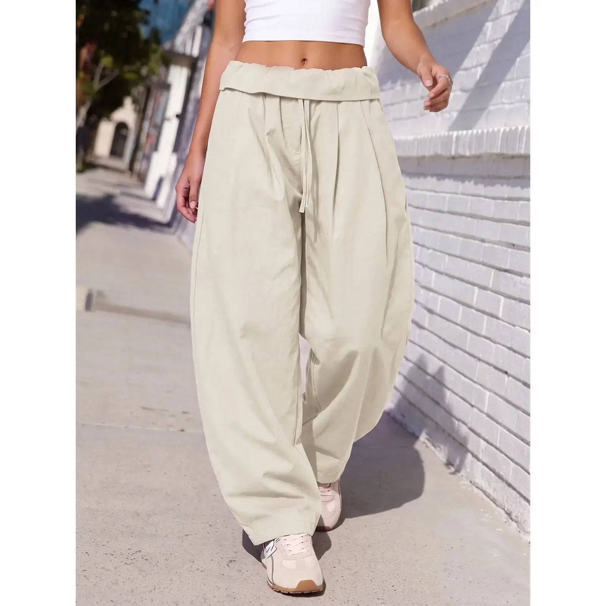 Aoysky Women'S Adjustable Soft Basic Fold-Over Wide-Leg Cargo Pants - Polyester Blend Diagonal Twill, Loose-Fit, Drawstring Waist, Machine Wash Safe, Oversized Overall Bottoms