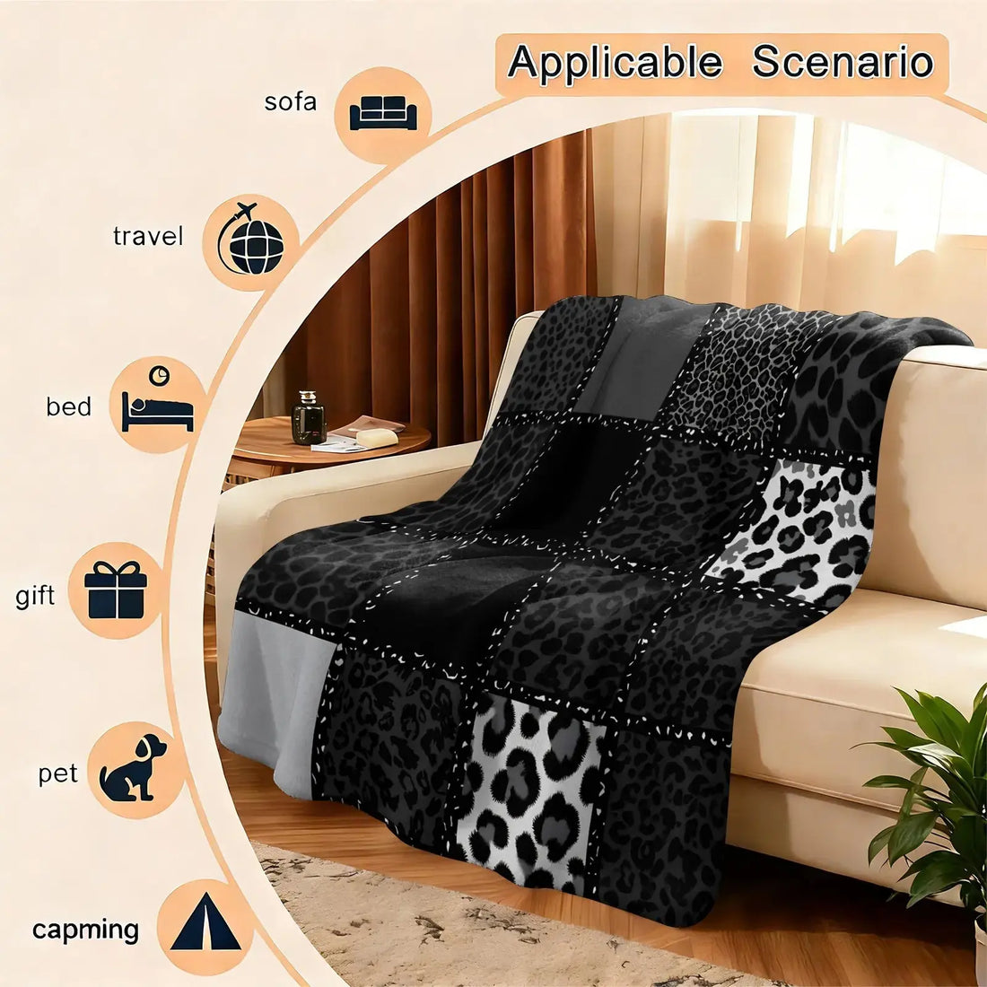 Multiple Size Black White Patchwork Leopard Flannel Throw Blanket, Ultra Soft Plush Anti-Pilling, Cozy Warm No Shedding, All Season Use, Bed Sofa Camping Travel Decor, Perfect Gift Choice, Decorative Sofa Blanket, Home Decor Blanket