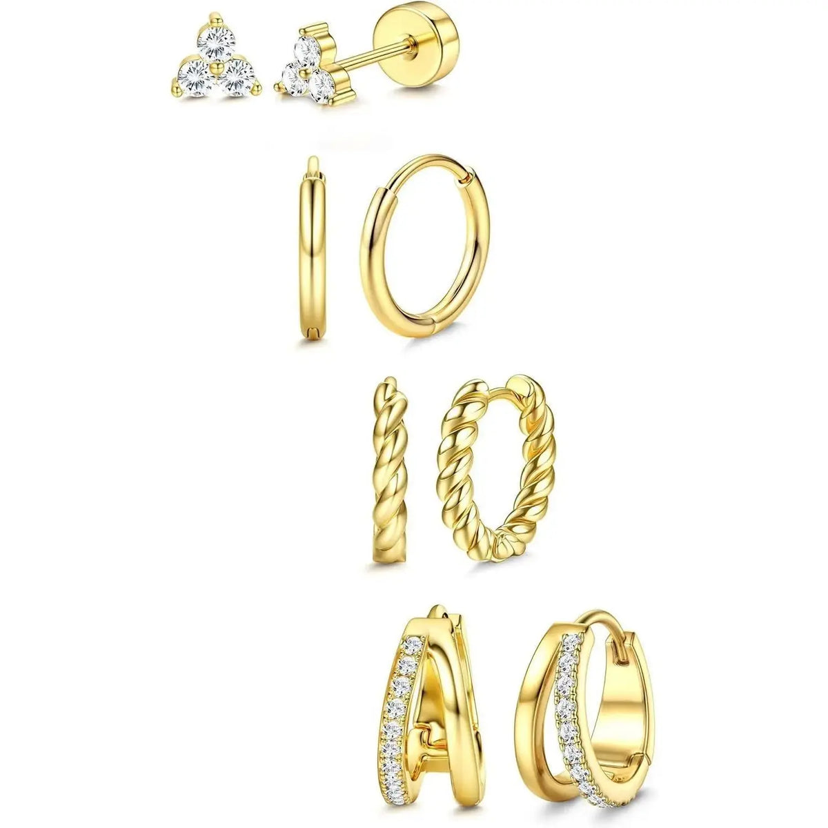 FASACCO Women'S 4-Pair Small Hoop Earrings Set - Hypoallergenic 14 Karat Gold-Plated Surgical Steel Chunky Huggie, Cartilage Flat Back Stud Jewelry, Trendy Summervibes Gift, Earrings for Cartilage Piercing