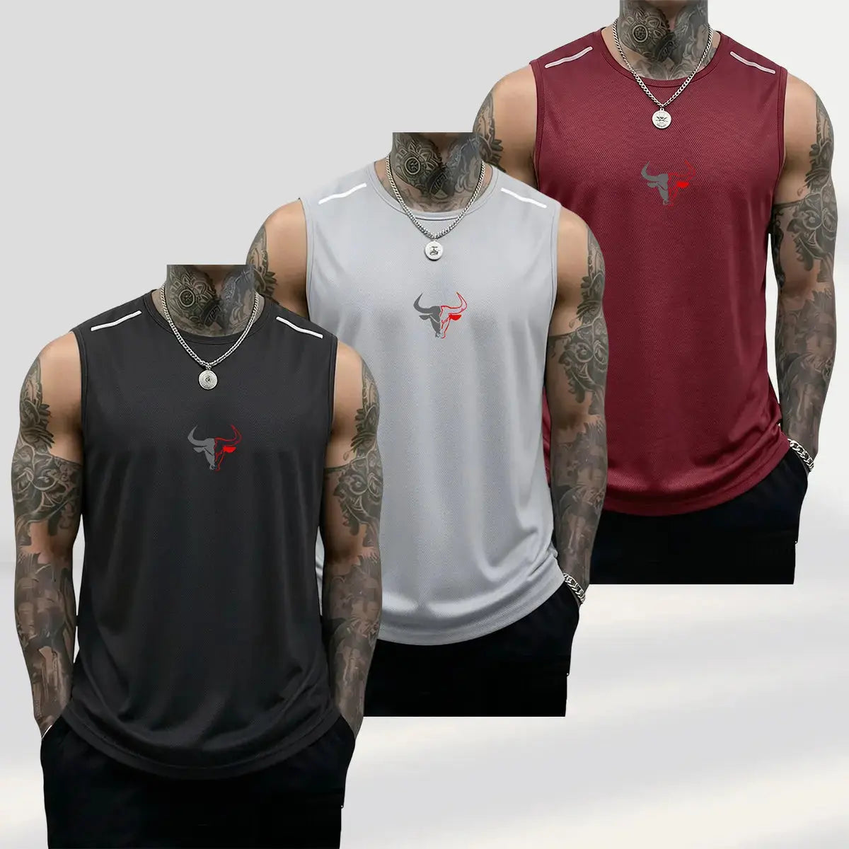 Men'S 3-Pack Bull Print Sleeveless Polyester Vests, Breathable Fitness Exercise Wear Active Top for Summer Gym Bodybuilding, Male Clothing (Black+Light Gray+Red)
