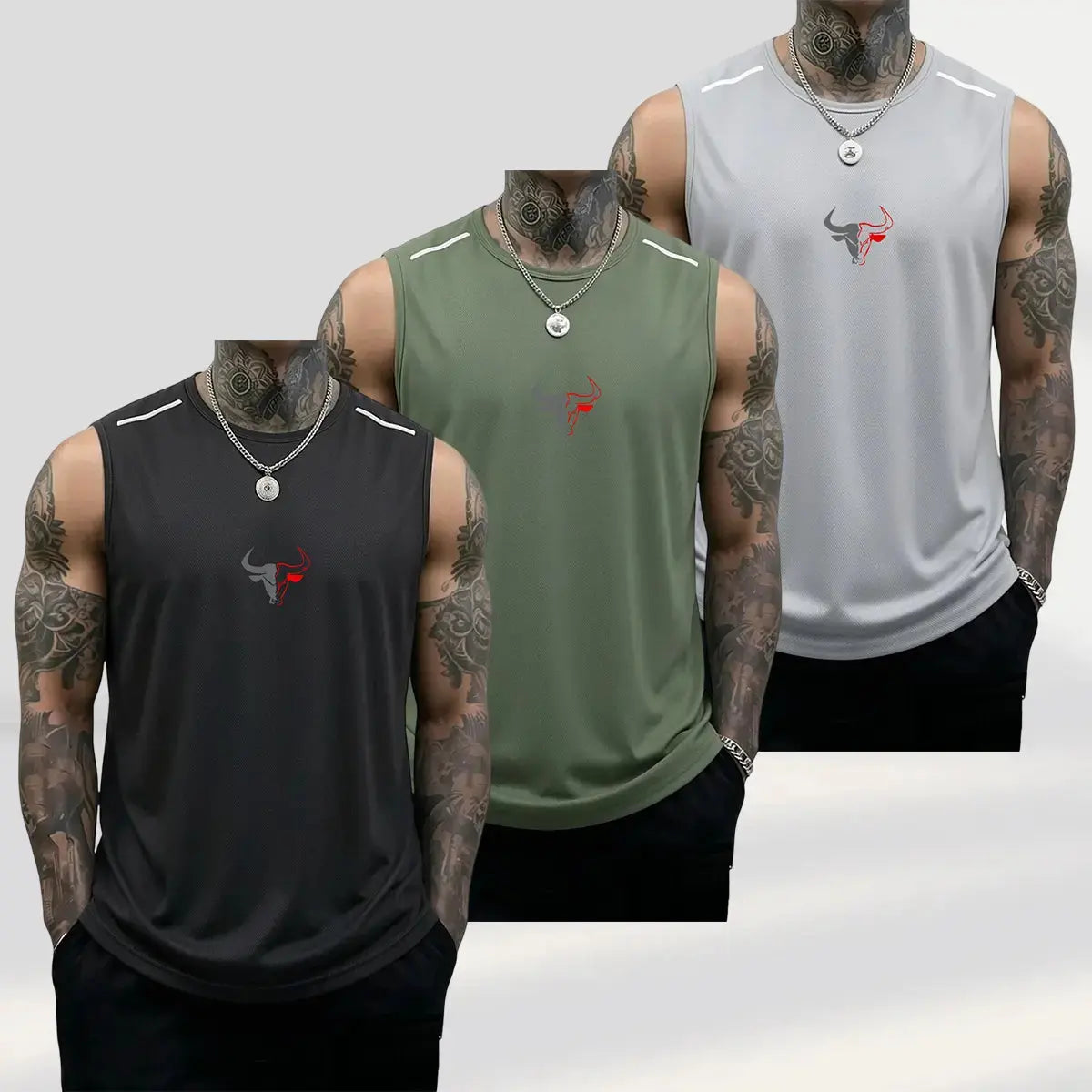 Men'S 3-Pack Bull Print Sleeveless Polyester Vests, Breathable Fitness Exercise Wear Active Top for Summer Gym Bodybuilding, Male Clothing (Black+Light Gray+Red)