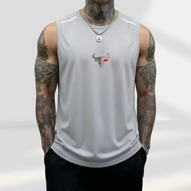 Men'S 3-Pack Bull Print Sleeveless Polyester Vests, Breathable Fitness Exercise Wear Active Top for Summer Gym Bodybuilding, Male Clothing (Black+Light Gray+Red)