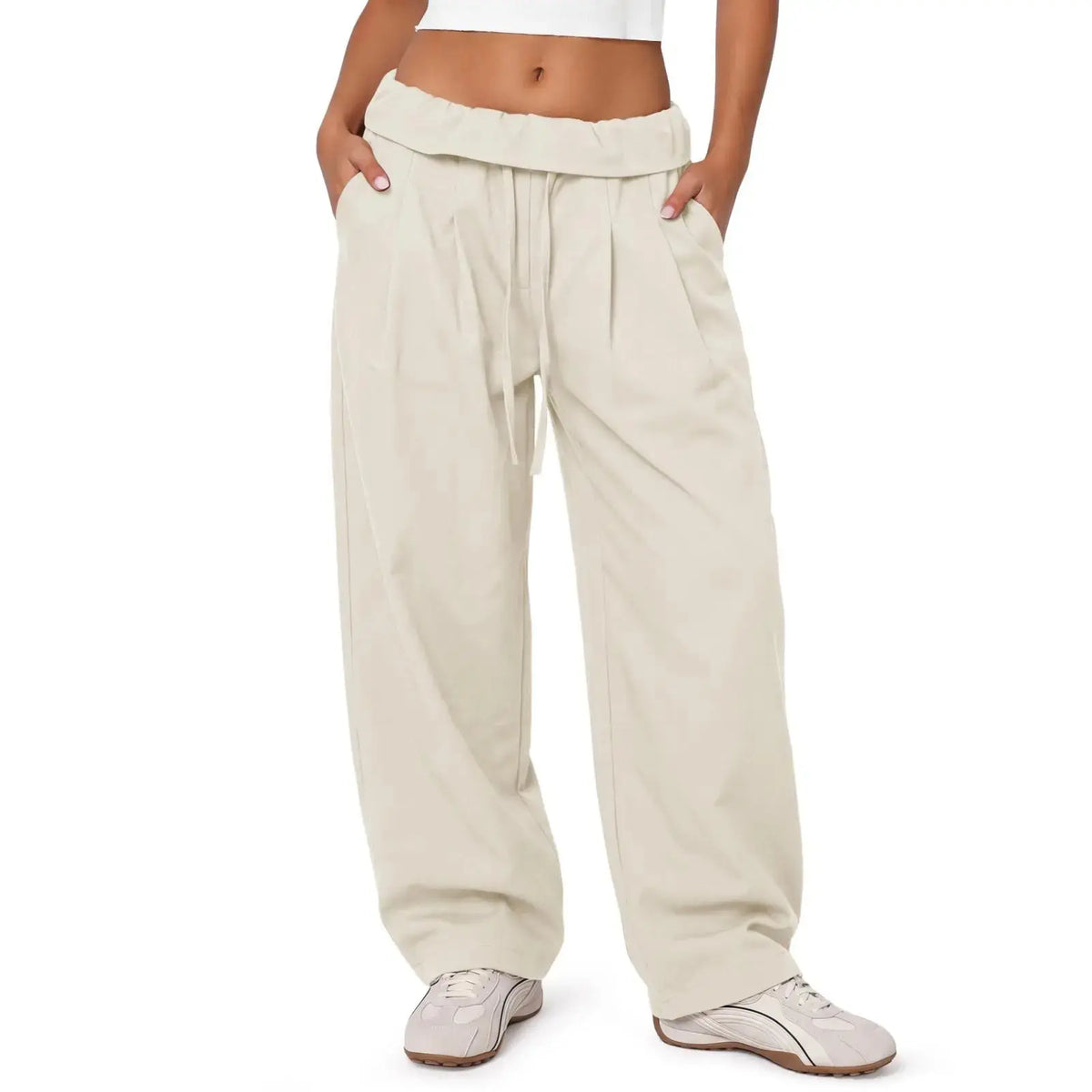 Aoysky Women'S Adjustable Soft Basic Fold-Over Wide-Leg Cargo Pants - Polyester Blend Diagonal Twill, Loose-Fit, Drawstring Waist, Machine Wash Safe, Oversized Overall Bottoms