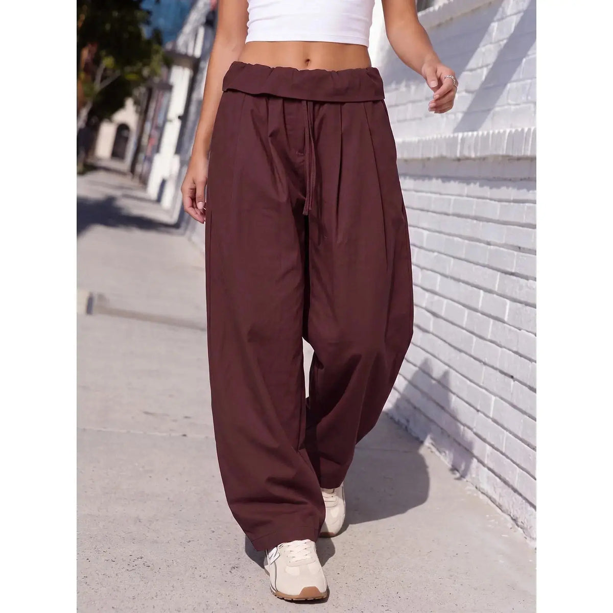 Aoysky Women'S Adjustable Soft Basic Fold-Over Wide-Leg Cargo Pants - Polyester Blend Diagonal Twill, Loose-Fit, Drawstring Waist, Machine Wash Safe, Oversized Overall Bottoms