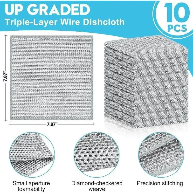 10 Pcs New Upgraded 3 Layers Non Scratch Wire Dishcloth, Multipurpose Wire Dishwashing Rags, Wet & Dry for Cookware, Sinks, Dishes, Stoves & Fireplaces (7.87 X 7.87-10Pcs) Brand: Vmkblgift