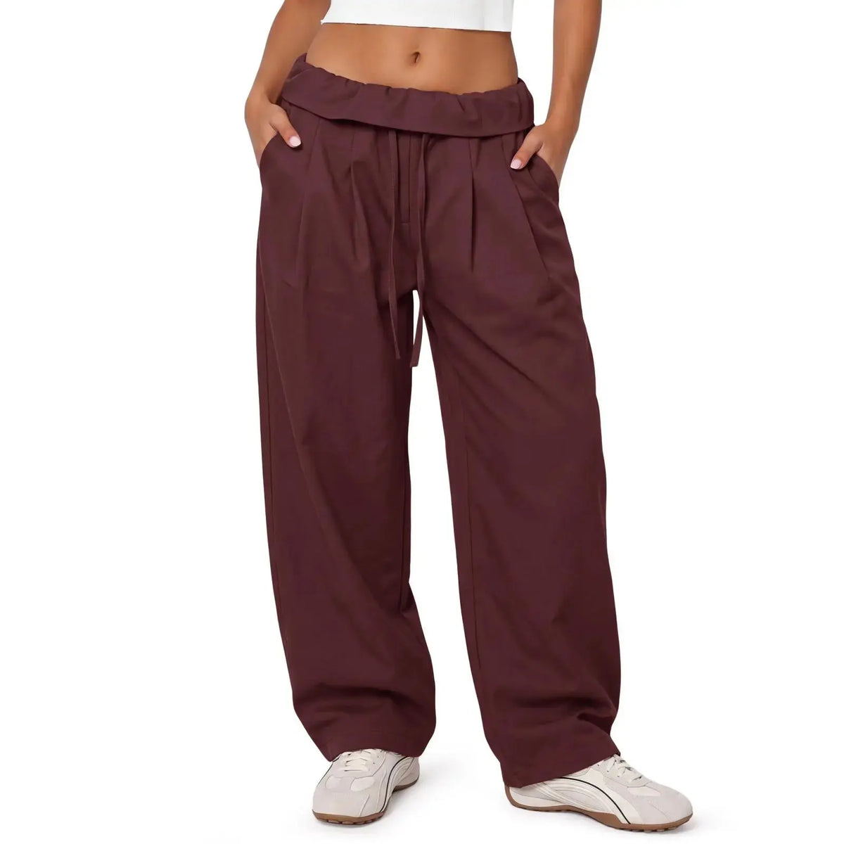 Aoysky Women'S Adjustable Soft Basic Fold-Over Wide-Leg Cargo Pants - Polyester Blend Diagonal Twill, Loose-Fit, Drawstring Waist, Machine Wash Safe, Oversized Overall Bottoms