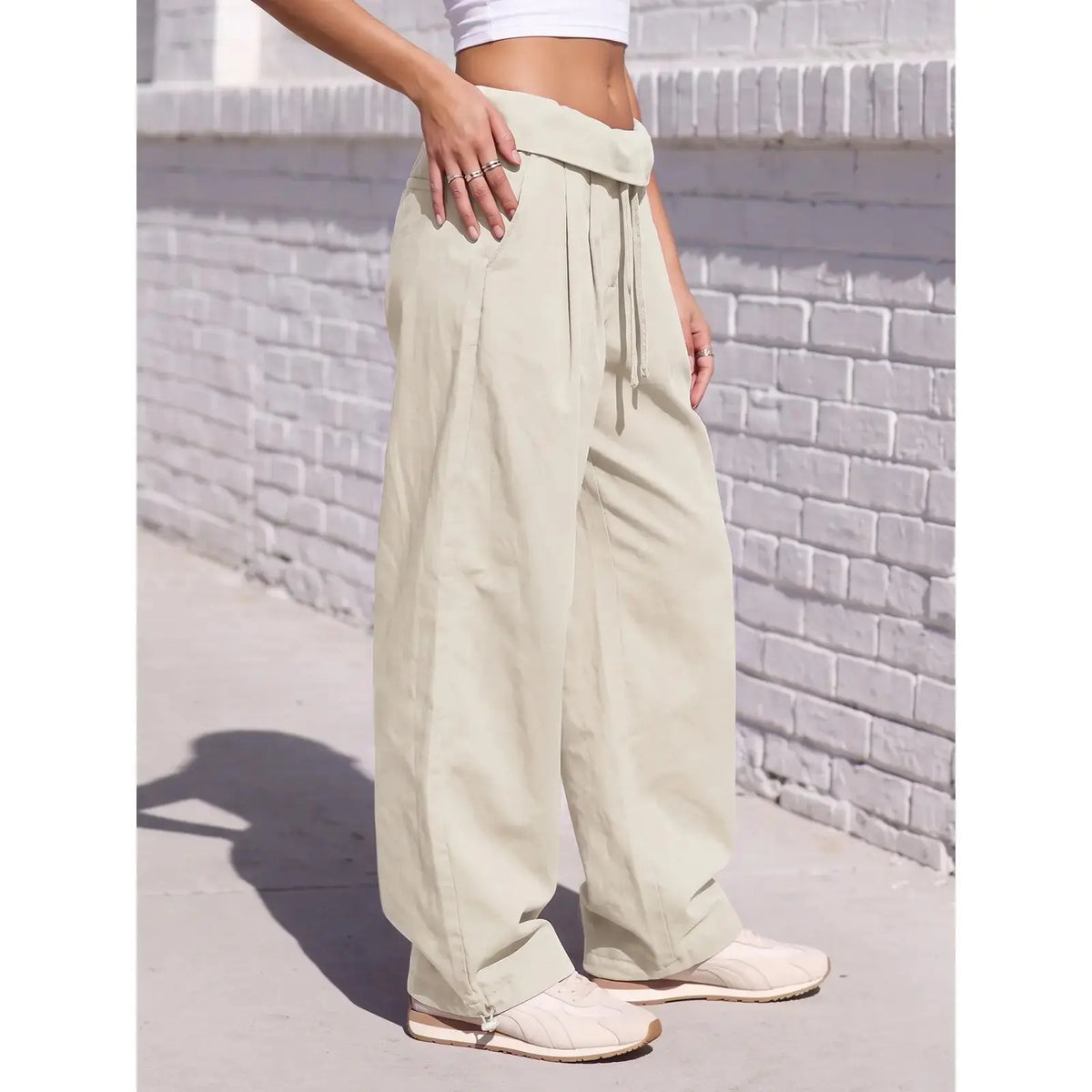 Aoysky Women'S Adjustable Soft Basic Fold-Over Wide-Leg Cargo Pants - Polyester Blend Diagonal Twill, Loose-Fit, Drawstring Waist, Machine Wash Safe, Oversized Overall Bottoms