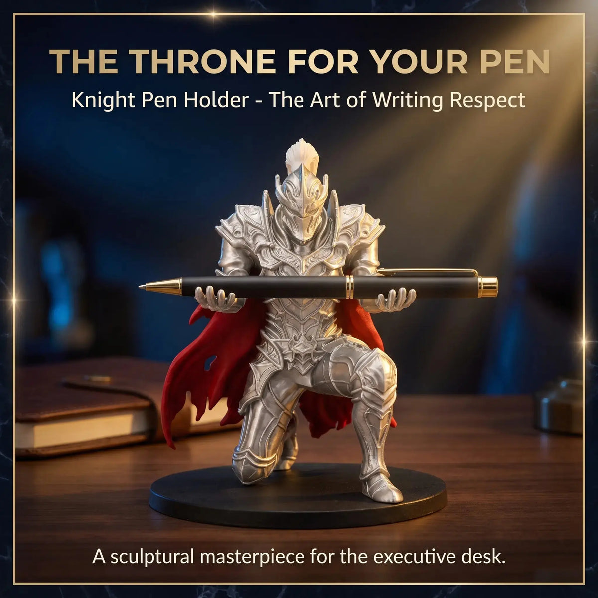 Armored Knight Pen Holder Stand, 3D Printed Desktop Accessories with Fixed Pose Open Hands, Red Cape & 2.76-In round Base, Single Pen Display for Office & Study Desk Organizer, 8.3Cm