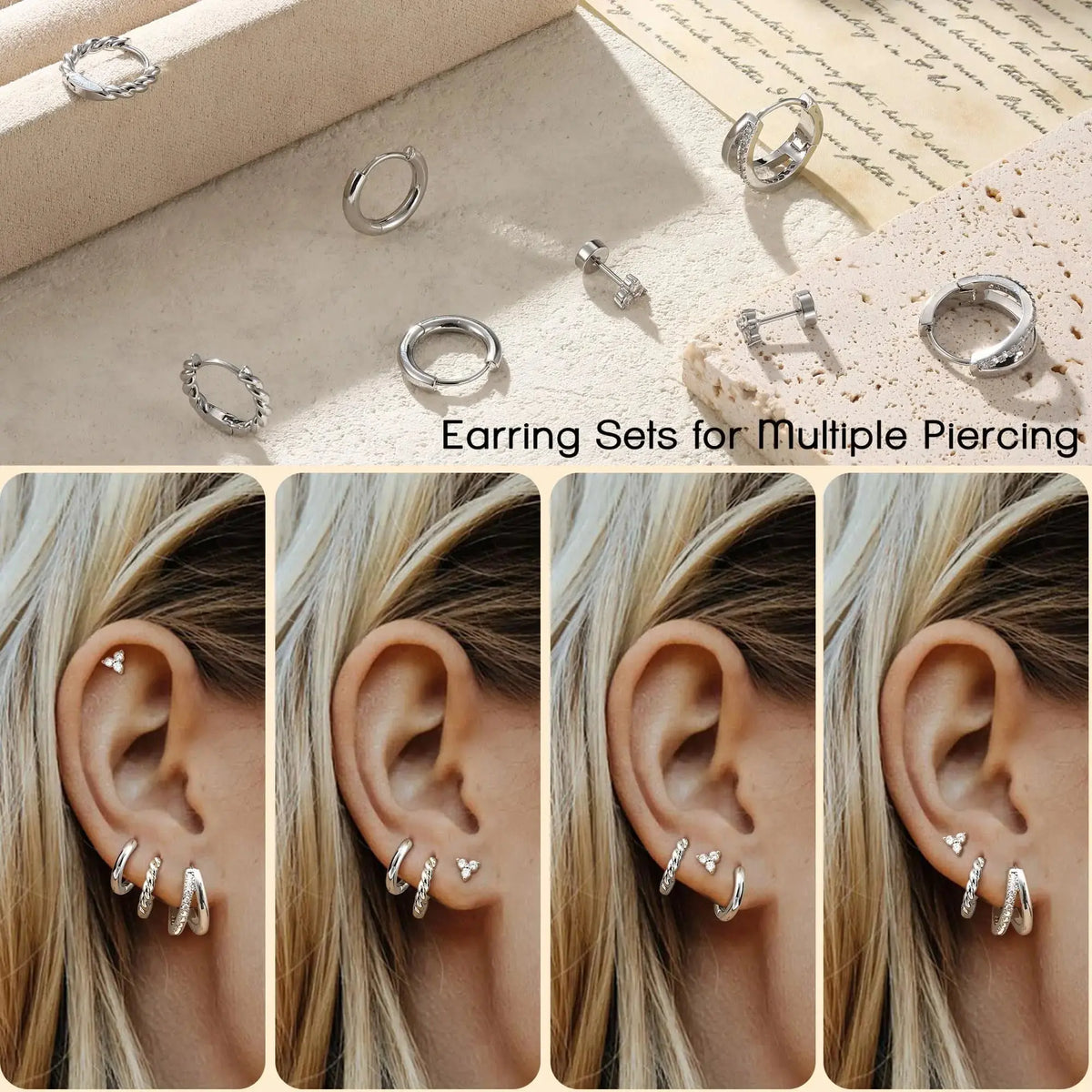 FASACCO Women'S 4-Pair Small Hoop Earrings Set - Hypoallergenic 14 Karat Gold-Plated Surgical Steel Chunky Huggie, Cartilage Flat Back Stud Jewelry, Trendy Summervibes Gift, Earrings for Cartilage Piercing