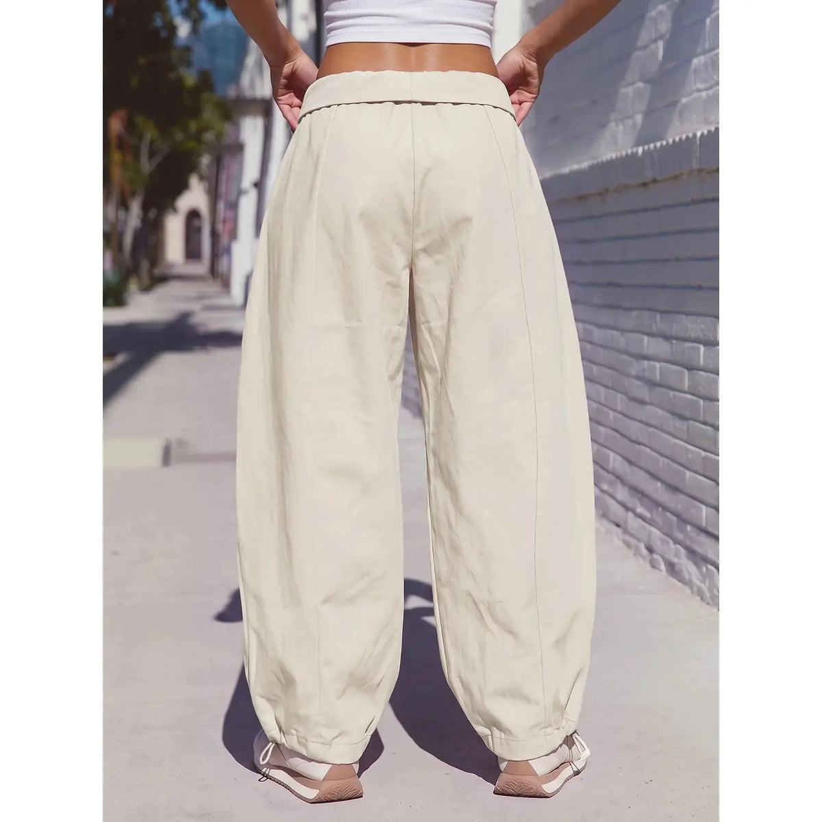 Aoysky Women'S Adjustable Soft Basic Fold-Over Wide-Leg Cargo Pants - Polyester Blend Diagonal Twill, Loose-Fit, Drawstring Waist, Machine Wash Safe, Oversized Overall Bottoms