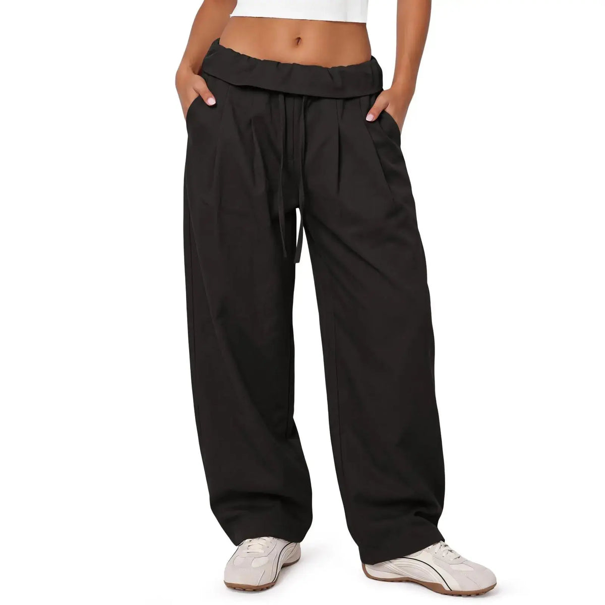 Aoysky Women'S Adjustable Soft Basic Fold-Over Wide-Leg Cargo Pants - Polyester Blend Diagonal Twill, Loose-Fit, Drawstring Waist, Machine Wash Safe, Oversized Overall Bottoms