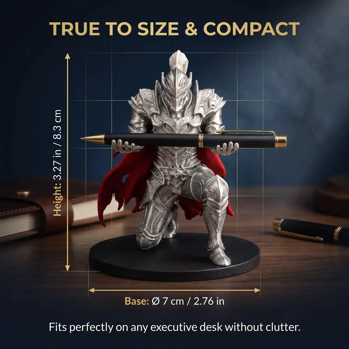 Armored Knight Pen Holder Stand, 3D Printed Desktop Accessories with Fixed Pose Open Hands, Red Cape & 2.76-In round Base, Single Pen Display for Office & Study Desk Organizer, 8.3Cm