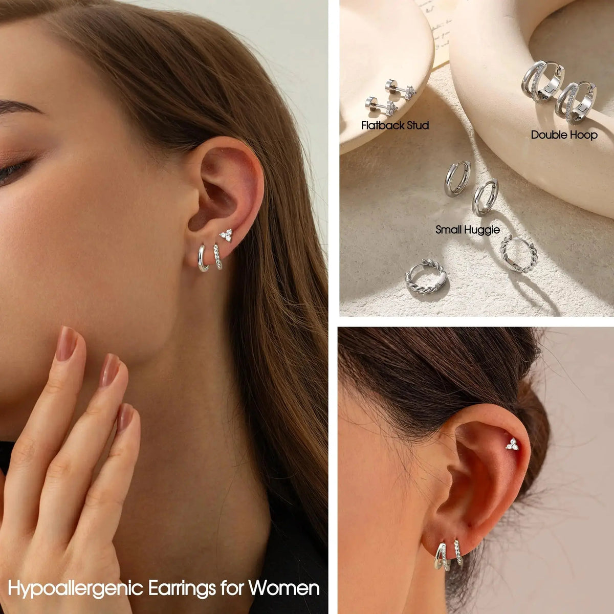 FASACCO Women'S 4-Pair Small Hoop Earrings Set - Hypoallergenic 14 Karat Gold-Plated Surgical Steel Chunky Huggie, Cartilage Flat Back Stud Jewelry, Trendy Summervibes Gift, Earrings for Cartilage Piercing