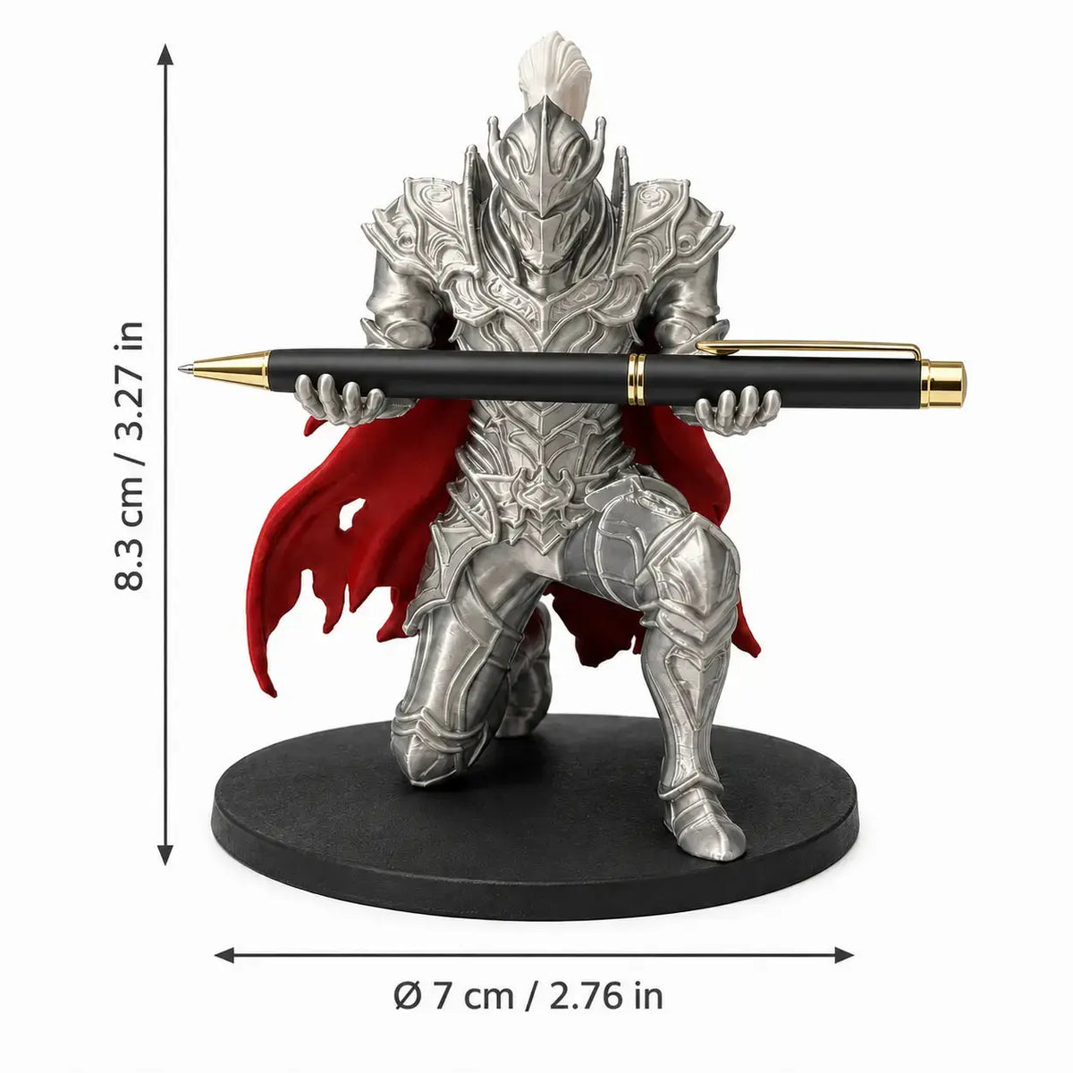 Armored Knight Pen Holder Stand, 3D Printed Desktop Accessories with Fixed Pose Open Hands, Red Cape & 2.76-In round Base, Single Pen Display for Office & Study Desk Organizer, 8.3Cm