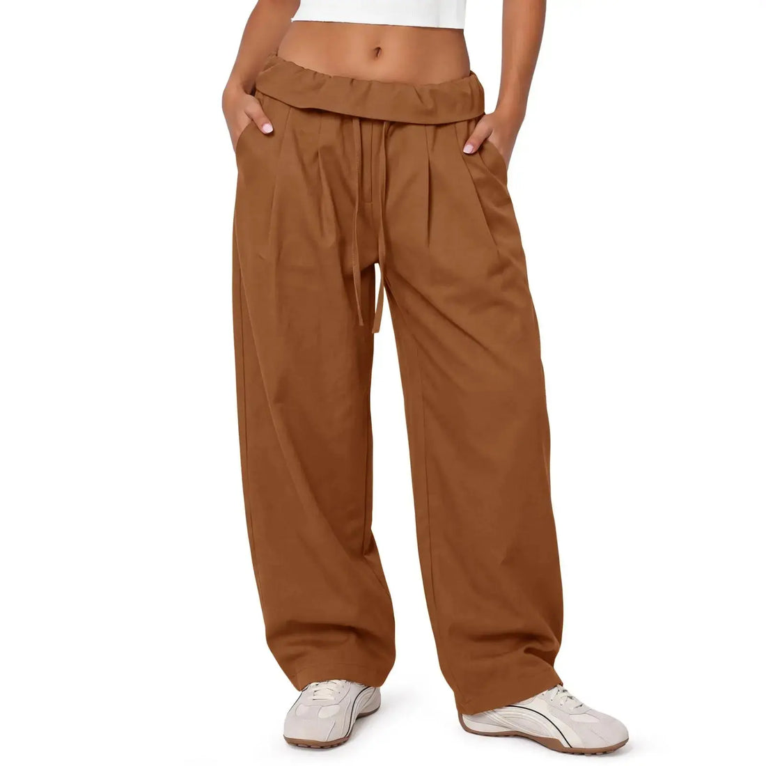 Aoysky Women'S Adjustable Soft Basic Fold-Over Wide-Leg Cargo Pants - Polyester Blend Diagonal Twill, Loose-Fit, Drawstring Waist, Machine Wash Safe, Oversized Overall Bottoms