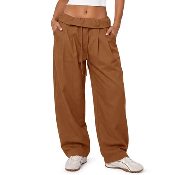 Aoysky Women'S Adjustable Soft Basic Fold-Over Wide-Leg Cargo Pants - Polyester Blend Diagonal Twill, Loose-Fit, Drawstring Waist, Machine Wash Safe, Oversized Overall Bottoms