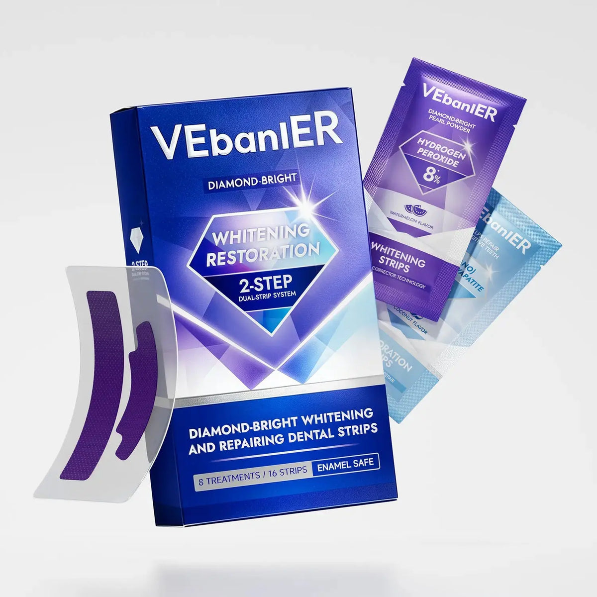 Vebanier Dual-Action Purple Gel Teeth Brightener Strips Kit - 4 Whitening Pairs + 4 Enamel Repair Pairs, 8% Hydrogen Peroxide, Nano-Hydroxyapatite, Gentle for Sensitive Teeth
