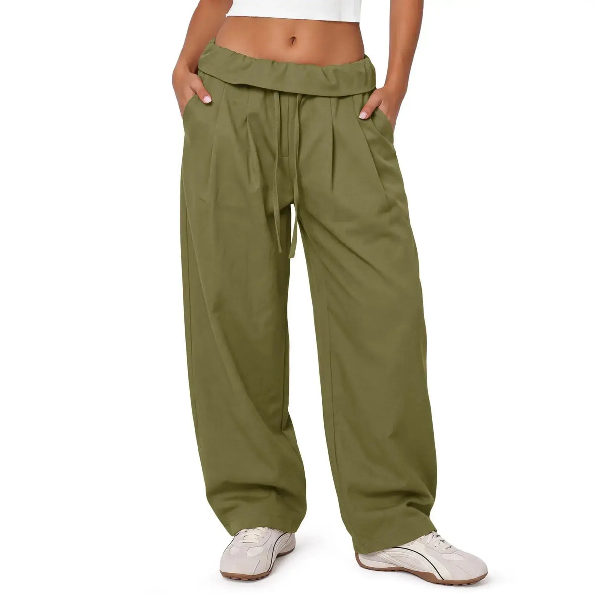 Aoysky Women'S Adjustable Soft Basic Fold-Over Wide-Leg Cargo Pants - Polyester Blend Diagonal Twill, Loose-Fit, Drawstring Waist, Machine Wash Safe, Oversized Overall Bottoms