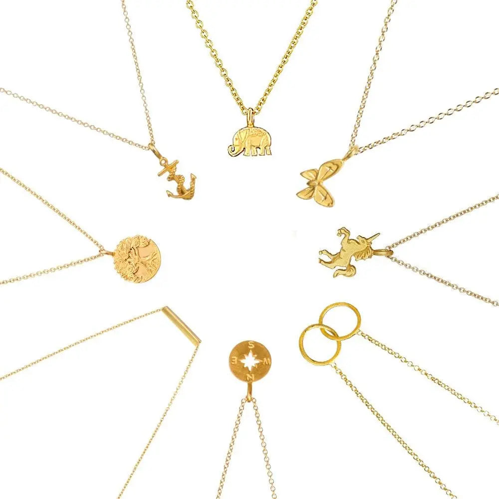 8Pack Friendship Unicorn Necklace Set Good Luck Elephant Pendant Chain Necklace with Message Card Party Favors Birthday Gifts for Women (Gold)