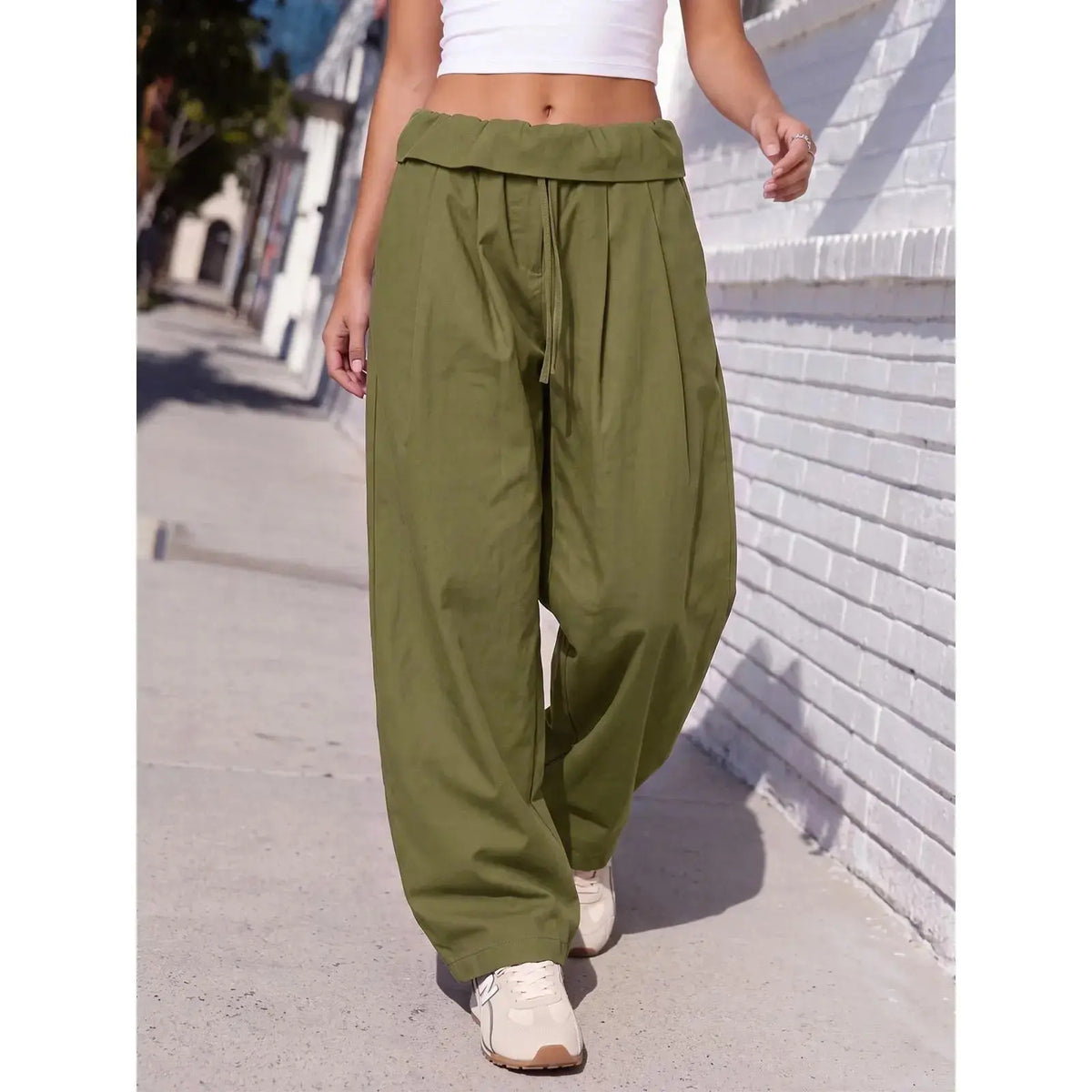 Aoysky Women'S Adjustable Soft Basic Fold-Over Wide-Leg Cargo Pants - Polyester Blend Diagonal Twill, Loose-Fit, Drawstring Waist, Machine Wash Safe, Oversized Overall Bottoms