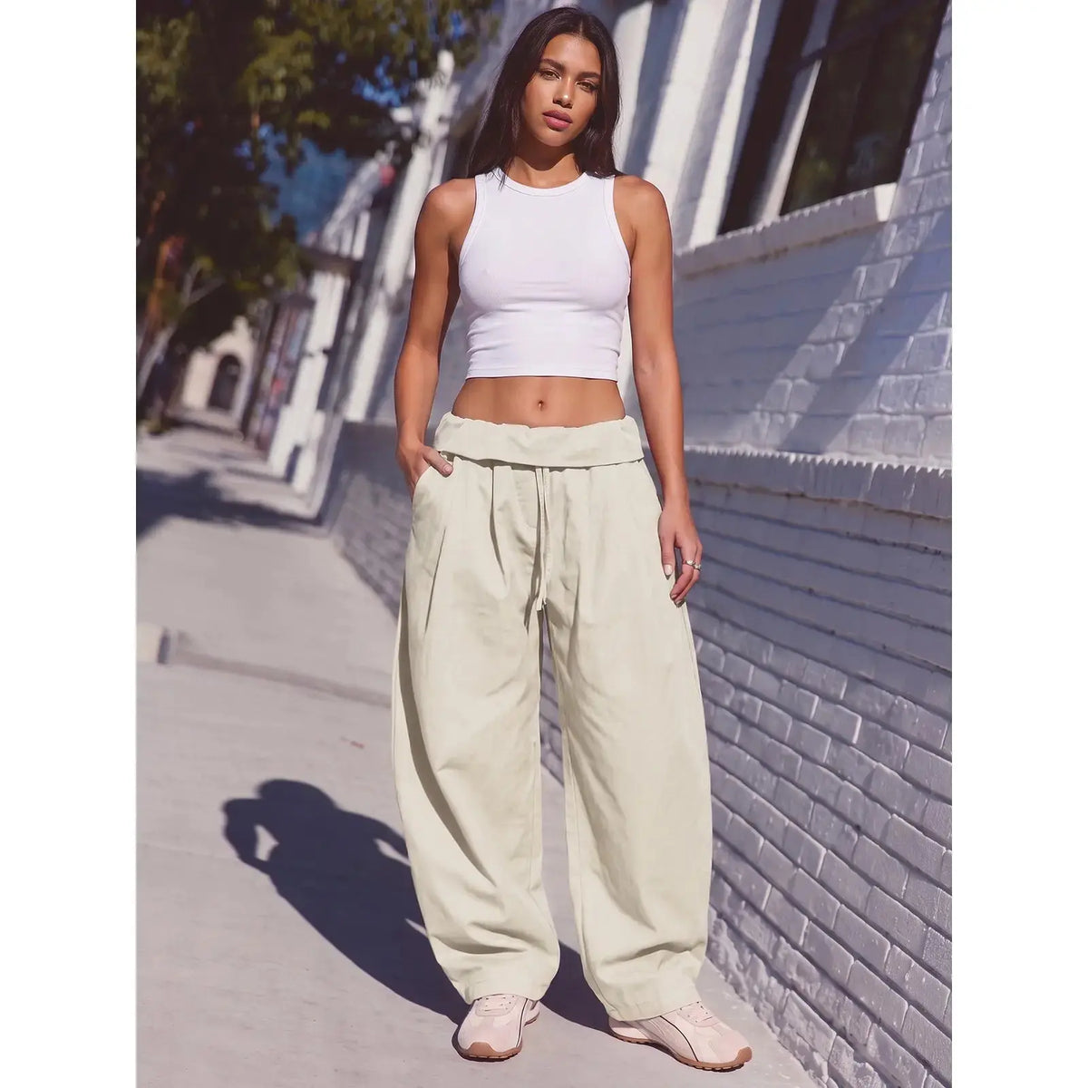 Aoysky Women'S Adjustable Soft Basic Fold-Over Wide-Leg Cargo Pants - Polyester Blend Diagonal Twill, Loose-Fit, Drawstring Waist, Machine Wash Safe, Oversized Overall Bottoms