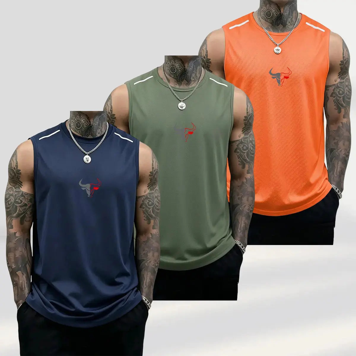 Men'S 3-Pack Bull Print Sleeveless Polyester Vests, Breathable Fitness Exercise Wear Active Top for Summer Gym Bodybuilding, Male Clothing (Black+Light Gray+Red)